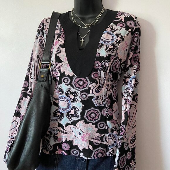 y2k 2000s micro mesh floral paisley print long sleeve whimsigoth fairy top - Picture 4 of 8